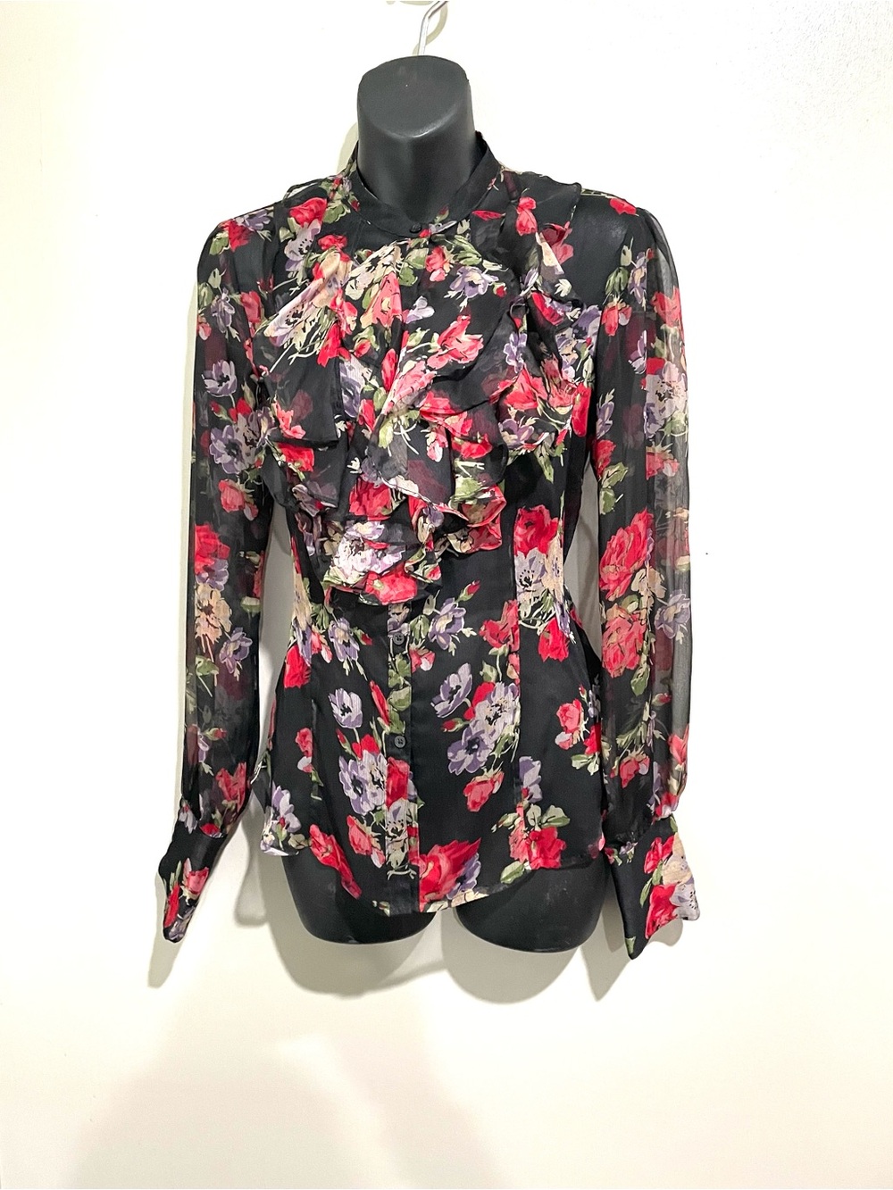 Ralph Lauren Black Sheer Floral Ruffle Button Down Shirt